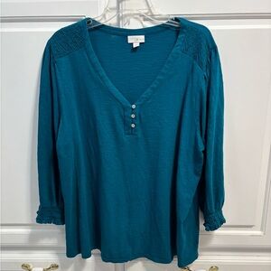 J. Jill Teal 3/4 Sleeve Smoked  Henley Women’s Size 2X